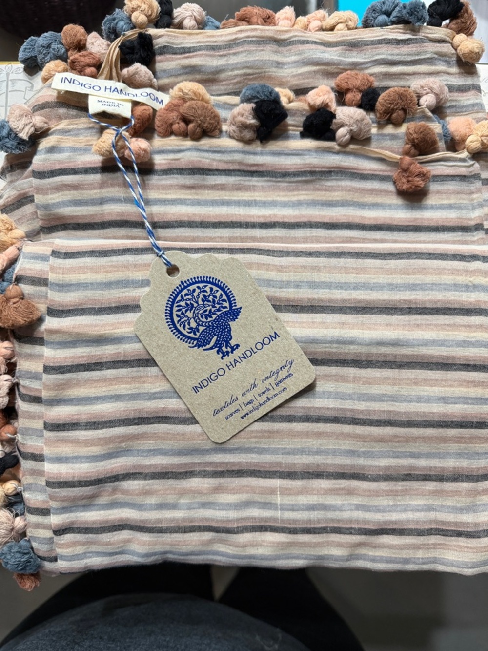 Striped Pom-Pom Wrap Scarf in Neutral Beige and Blue